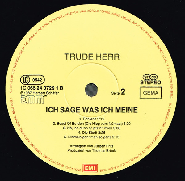 Cover zu Trude Herr - Ich Sage Was Ich Meine | 1987 | Vinyl, LP, Album | Rock, Pop | Germany
