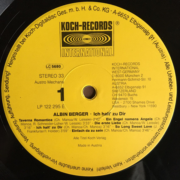 Cover zu Albin Berger - Ich Halt' Zu Dir | 1989 | Vinyl, LP, Album, Stereo | Pop | Austria