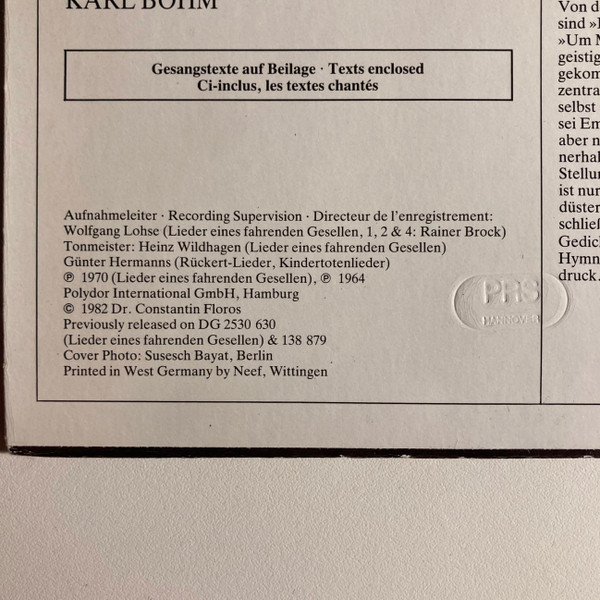 Cover zu Gustav Mahler, Dietrich Fischer-Dieskau - Lieder Eines Fahrenden Gesellen - Kindertotenlieder - 4 Rückert-Lieder | 1982 | Vinyl, LP, Compilation | Classical | Germany