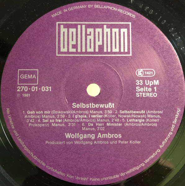 Cover zu Wolfgang Ambros, Die No. 1 Vom Wienerwald - Selbstbewusst | 1981 | Vinyl, LP, Album, Stereo | Rock, Pop | Germany