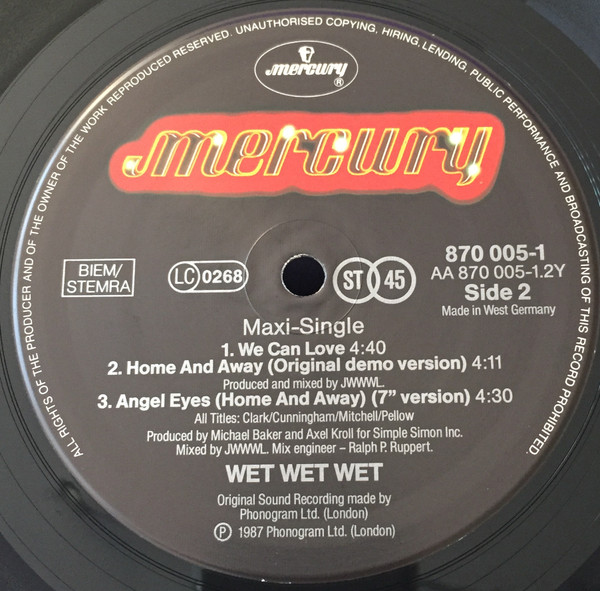 Cover zu Wet Wet Wet - Angel Eyes (Home And Away) | 1987 | Vinyl, Stereo, 12