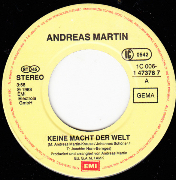 Cover zu Andreas Martin (2) - Keine Macht Der Welt | 1987 | Vinyl, Stereo, 45 RPM, 7