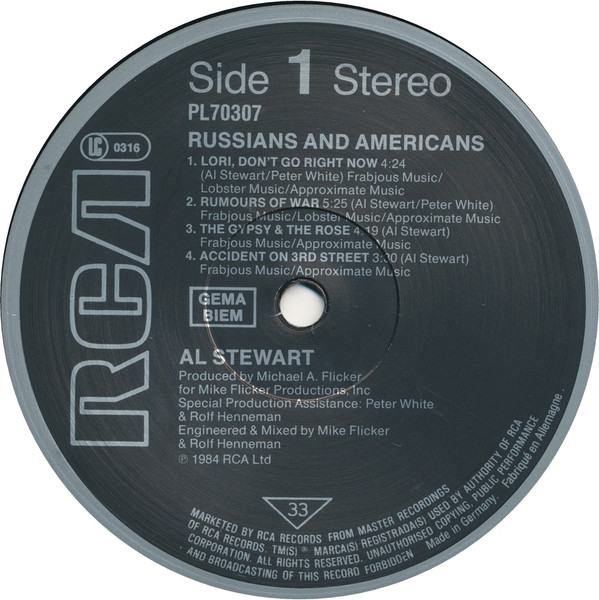 Cover zu Al Stewart - Russians & Americans | 1984 | Vinyl, LP, Album, Stereo | Rock | Europe