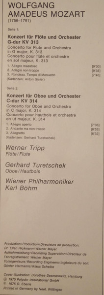 Cover zu Wolfgang Amadeus Mozart - Karl Böhm / Wiener Philharmoniker / Gerhard Turetschek / Werner Tripp - Flötenkonzert (Flute Concerto) Nr. 1 / Oboenkonzert (Oboe Concert) | Classical