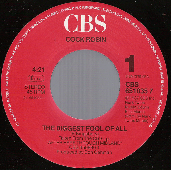 Cover zu Cock Robin - The Biggest Fool Of All | 1987 | Vinyl, Stereo, 45 RPM, 7