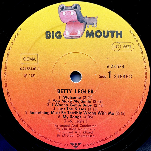 Cover zu Betty Legler - Betty Legler | 1981 | Vinyl, LP, Album, Stereo | Rock | Germany, Austria, & Switzerland