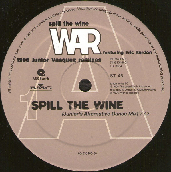 Cover zu War Featuring Eric Burdon - Spill The Wine (1996 Junior Vasquez Remixes) | 1996 | Vinyl, Stereo, 12