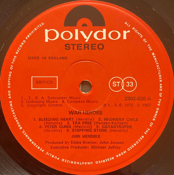 Cover zu Jimi Hendrix - War Heroes | Vinyl, LP, Album, Stereo | Rock | UK
