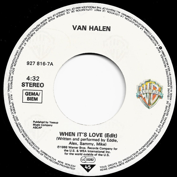 Cover zu Van Halen - When It's Love | 1988 | Vinyl, 45 RPM, 7