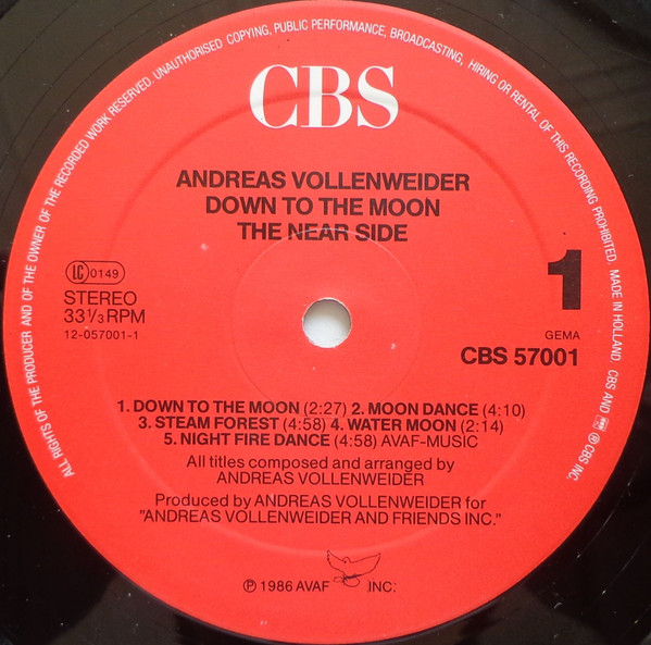 Cover zu Andreas Vollenweider - Down To The Moon | 1986 | Vinyl, LP, Album, Stereo | Electronic | Europe