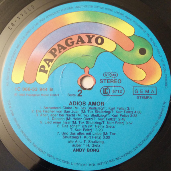 Cover zu Andy Borg - Adios Amor | 1982 | Vinyl, LP, Album | Pop | Germany