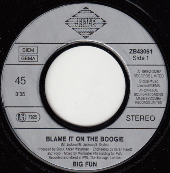 Cover zu Big Fun - Blame It On The Boogie | 1989 | Vinyl, Stereo, 45 RPM, 7