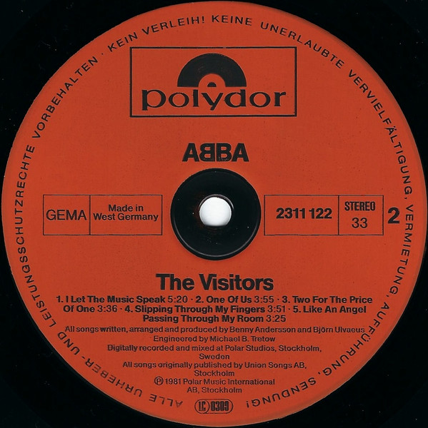 Cover zu ABBA - The Visitors | 1981 | Vinyl, LP, Album, Stereo | Electronic, Rock | Germany
