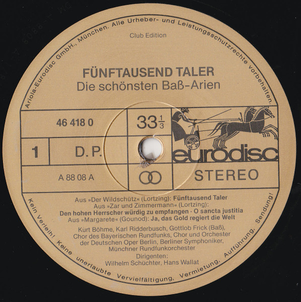Cover zu Gottlob Frick, Karl Ridderbusch, Kurt Böhme, Otto Wiener - Fünftausend Taler - Die Schönsten Baß-Arien | Vinyl, LP, Stereo, Club Edition, Compilation | Classical