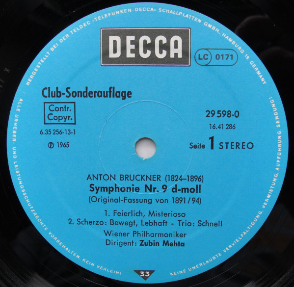 Cover zu Anton Bruckner - Zubin Mehta, Wiener Philharmoniker - Symphony Nr. 9 (Originalfassung) | Vinyl, LP, Stereo, Reissue | Classical | Germany
