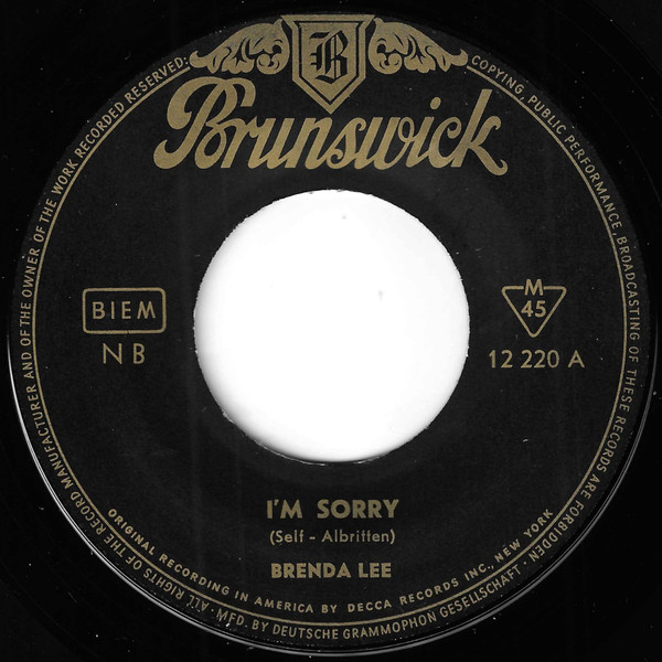 Bild Brenda Lee – I’m Sorry / That’s All You Gotta Do | 1960 | Vinyl, 45 RPM, 7″, Mono | Rock, Pop | Germany Schallplatten Ankauf