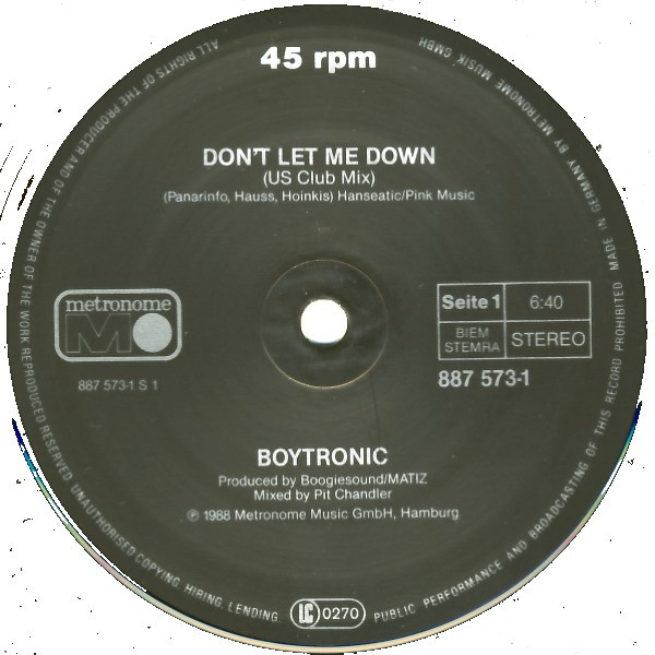 Cover zu Boytronic - Don't Let Me Down | 1988 | Vinyl, Stereo, 12