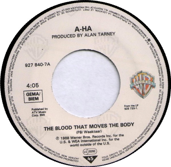 Cover zu a-ha - The Blood That Moves The Body | 1988 | Vinyl, Stereo, 45 RPM, 7