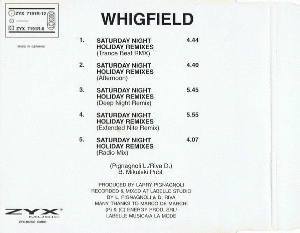Cover zu Whigfield - Saturday Night (Holiday Remixes) | 1994 | CD, Maxi-Single | Electronic | Germany