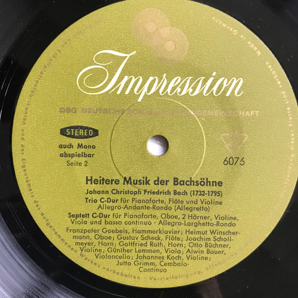 Cover zu Johann Christian Bach, Johann Christoph Bach - Heitere Musik der Bachsöhne | Vinyl, LP, Album, Stereo | Classical | Germany