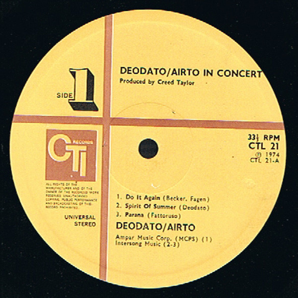 Cover zu Eumir Deodato / Airto Moreira - In Concert | 1974 | Vinyl, LP, Album, Stereo | Jazz | UK