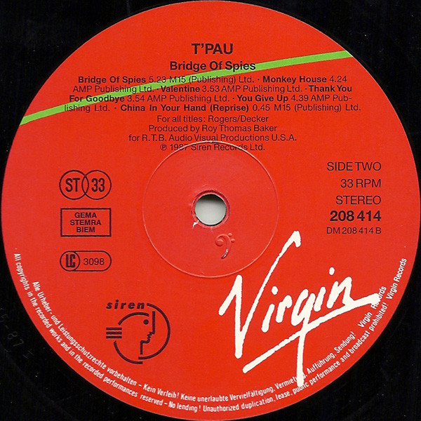 Cover zu T'Pau - Bridge Of Spies | 1987 | Vinyl, LP, Album, Stereo | Rock | Europe