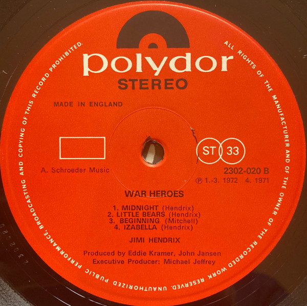 Cover zu Jimi Hendrix - War Heroes | Vinyl, LP, Album, Stereo | Rock | UK