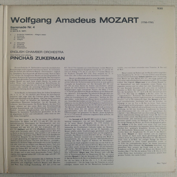 Cover zu Wolfgang Amadeus Mozart, Pinchas Zukerman, English Chamber Orchestra - Serenade N° 4 In D Major / D-Dur / En Ré, K.203 | 1975 | Vinyl, LP, Album, Stereo | Classical | Europe