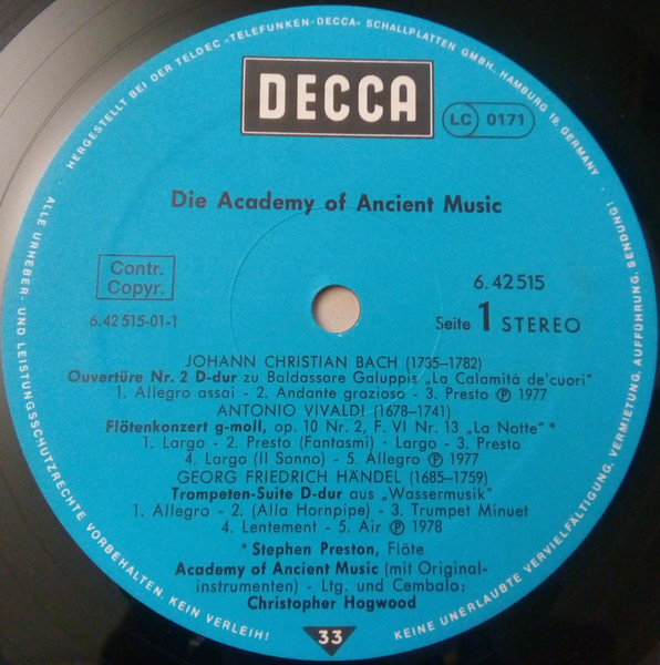 Cover zu Johann Christian Bach, Antonio Vivaldi, Georg Friedrich Händel, Jan Václav Antonín Stamic, Henry Purcell, Francesco Geminiani, Jaap Schröder, Stephen Preston, Christopher Hogwood - Die Acade