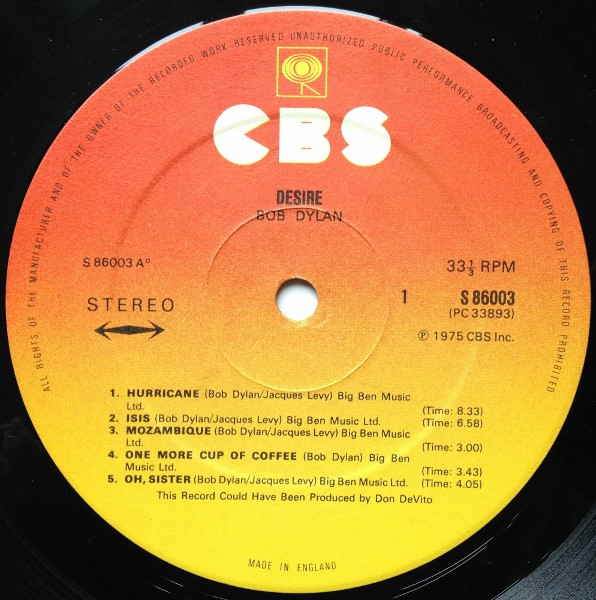 Cover zu Bob Dylan - Desire | 1976 | Vinyl, LP, Album, Stereo | Rock | UK