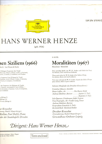 Cover zu Hans Werner Henze - Musen Siziliens • Moralitäten | Vinyl, LP, Stereo | Classical | Germany