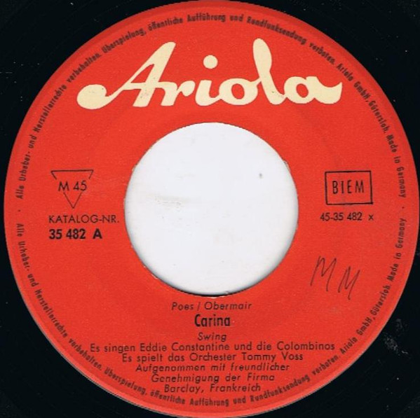 Cover zu Eddie Constantine - Carina / Hunderttausend Liebesbriefe | 1959 | Vinyl, 45 RPM, 7