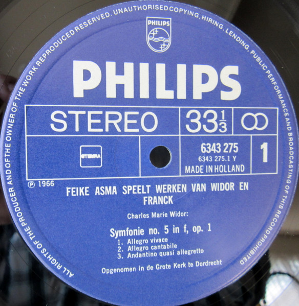 Cover zu Feike Asma / Charles-Marie Widor, César Franck - Feike Asma Speelt Werken Van Widor En Franck | Vinyl, LP, Album | Classical | Netherlands
