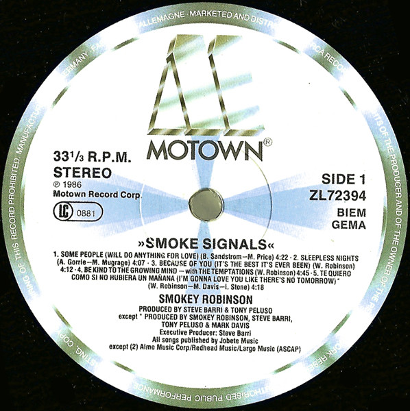 Cover zu Smokey Robinson - Smoke Signals | 1986 | Vinyl, LP, Album | Funk / Soul | Europe