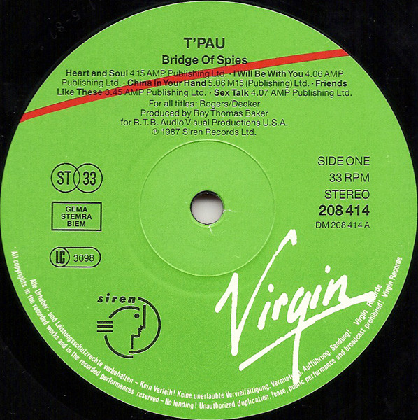 Cover zu T'Pau - Bridge Of Spies | 1987 | Vinyl, LP, Album, Stereo | Rock | Europe