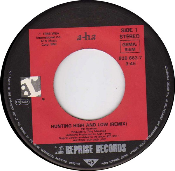 Cover zu a-ha - Hunting High And Low (Remix) | 1986 | Vinyl, Stereo, 45 RPM, 7