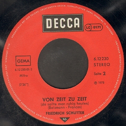Cover zu Friedrich Schütter - Diese Eine Straße / Von Zeit Zu Zeit | Vinyl, 7