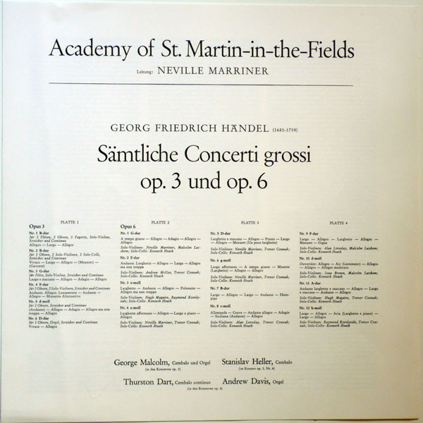 Cover zu Georg Friedrich Händel, The Academy Of St. Martin-in-the-Fields, Sir Neville Marriner - Sämtliche Concerti Grossi Op. 3+6 | Vinyl, LP, Stereo, Box Set | Classical | Germany