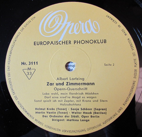 Cover zu Albert Lortzing, Orchester Der Städtischen Oper Berlin, Chor Der Städtischen Oper Berlin, Carl Mathieu Lange - Zar Und Zimmermann Opern-Querschnitt | 1956 | Vinyl, 10