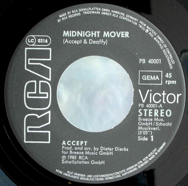 Cover zu Accept - Midnight Mover | 1985 | Vinyl, 7