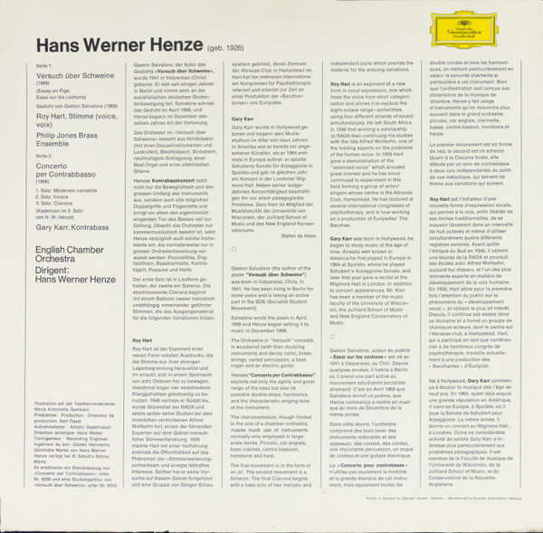 Cover zu Hans Werner Henze, Roy Hart (2) / Gary Karr / Philip Jones Brass Ensemble / English Chamber Orchestra, Hans Werner Henze - Versuch Über Schweine · Essay On Pigs / Concerto Per Contrabasso