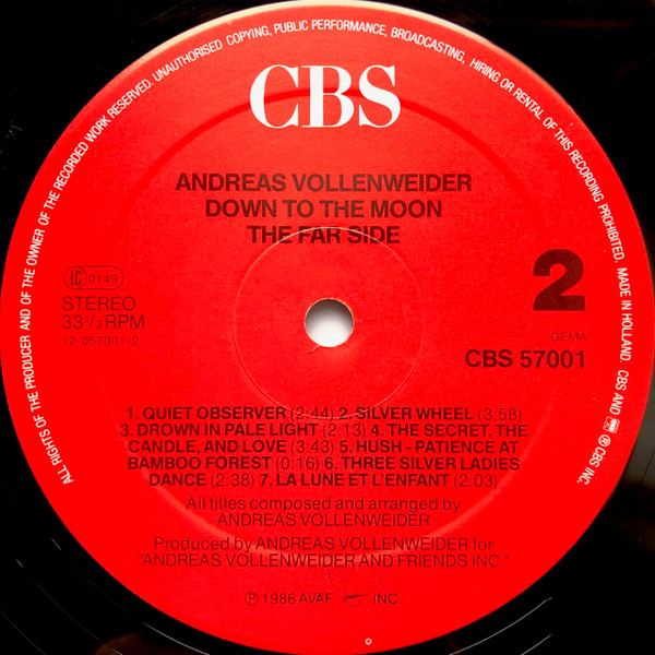 Cover zu Andreas Vollenweider - Down To The Moon | 1986 | Vinyl, LP, Album, Stereo | Electronic | Europe