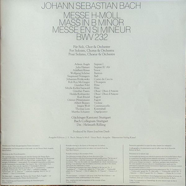 Cover zu Johann Sebastian Bach / Bachcollegium Stuttgart, Gächinger Kantorei Stuttgart, Helmuth Rilling, Arleen Auger, Julia Hamari, Adalbert Kraus, Wolfgang Schöne, Siegmund Nimsgern - Messe In H-Mo
