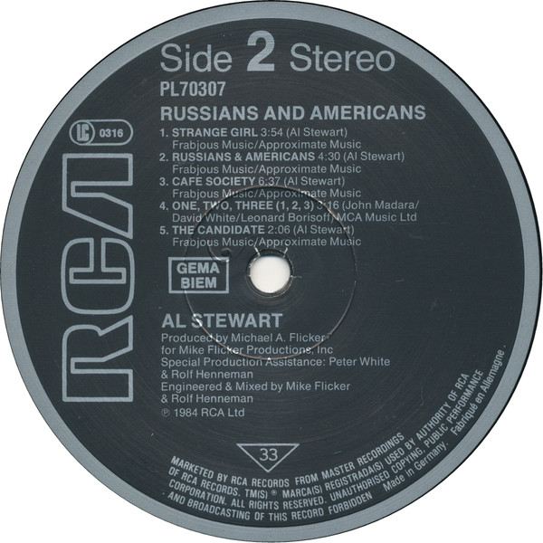 Cover zu Al Stewart - Russians & Americans | 1984 | Vinyl, LP, Album, Stereo | Rock | Europe