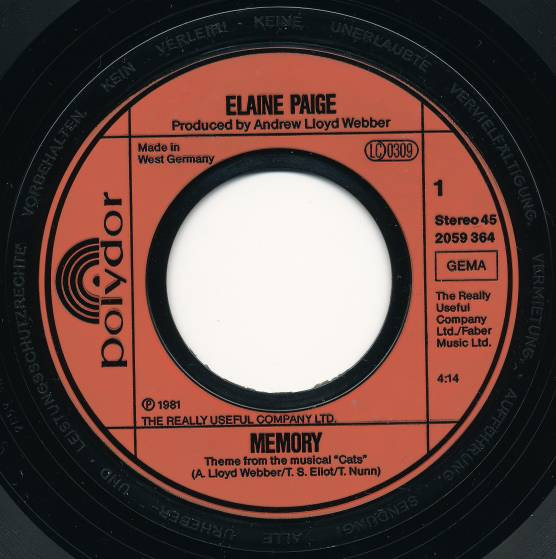 Cover zu Elaine Paige - Memory (The Theme From Cats) | 1981 | Vinyl, 45 RPM, 7