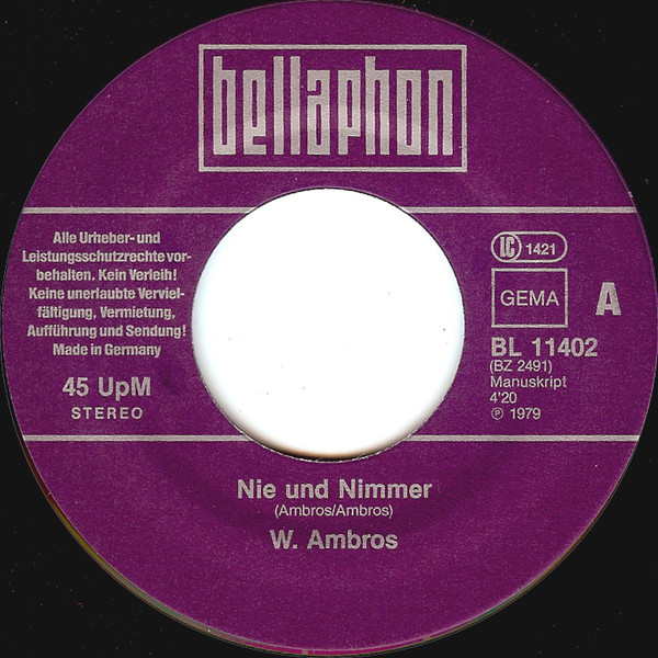 Cover zu Wolfgang Ambros - Nie Und Nimmer | 1979 | Vinyl, Stereo, 45 RPM, 7
