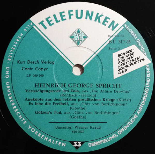 Cover zu Werner Krauß / Heinrich George - Wort Und Stimme | Vinyl, LP, Club Edition | Non-Music | Germany