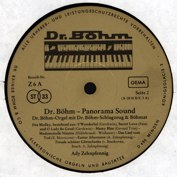 Cover zu Ady Zehnpfennig - Dr. Böhm Panorama-Sound (Orgel Electronic-Play-Backs) | 1971 | Vinyl, LP, Album | Jazz, Latin, Funk / Soul, Folk, World, & Country, Stage & Screen | Germany