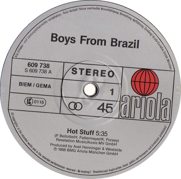 Cover zu Boys From Brazil - Hot Stuff | 1988 | Vinyl, Stereo, 12