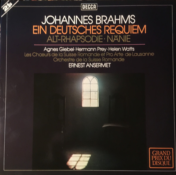 Bild Johannes Brahms, Agnes Giebel, Helen Watts, Hermann Prey, Ernest Ansermet – Ein Deutsches Requiem, Op. 45 / Nänie, Op. 82 / Rhapsodie Für Alt, Männerchor Und Orchester, Op. 53 | Classical Schallplatten Ankauf
